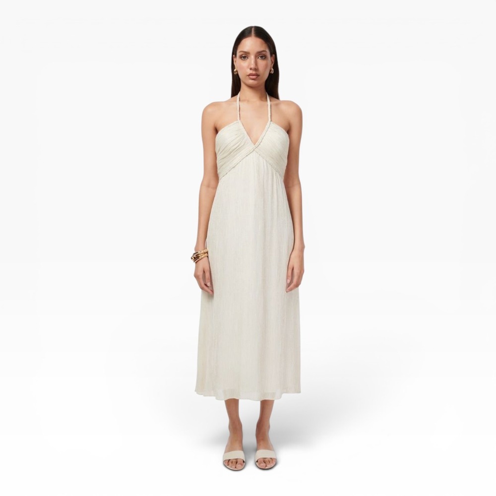 CAMI NYC Sonoma Dress‎ White Gold Metallic Chiffon Braided Halter Midi $465 Sz 8